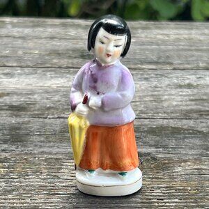 VINTAGE PORCELAIN JAPANESE FIGURINE Woman Umbrella 3.5” Asian Japan Makers Mark